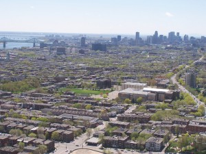 olympic tower view of downtown montreal quebec canada