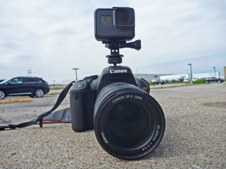 gopro and dslr attached with hot shoe adapter