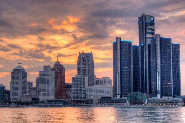 downtown detroit michigan skyline sunset photo